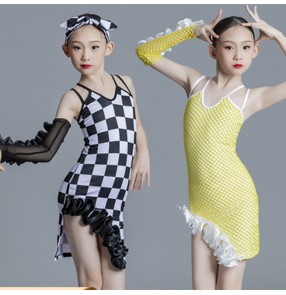 Girls kids children yellow white with black plaid latin dance dresses ballroom dance costumes salsa chacha rumba dance skirt for children